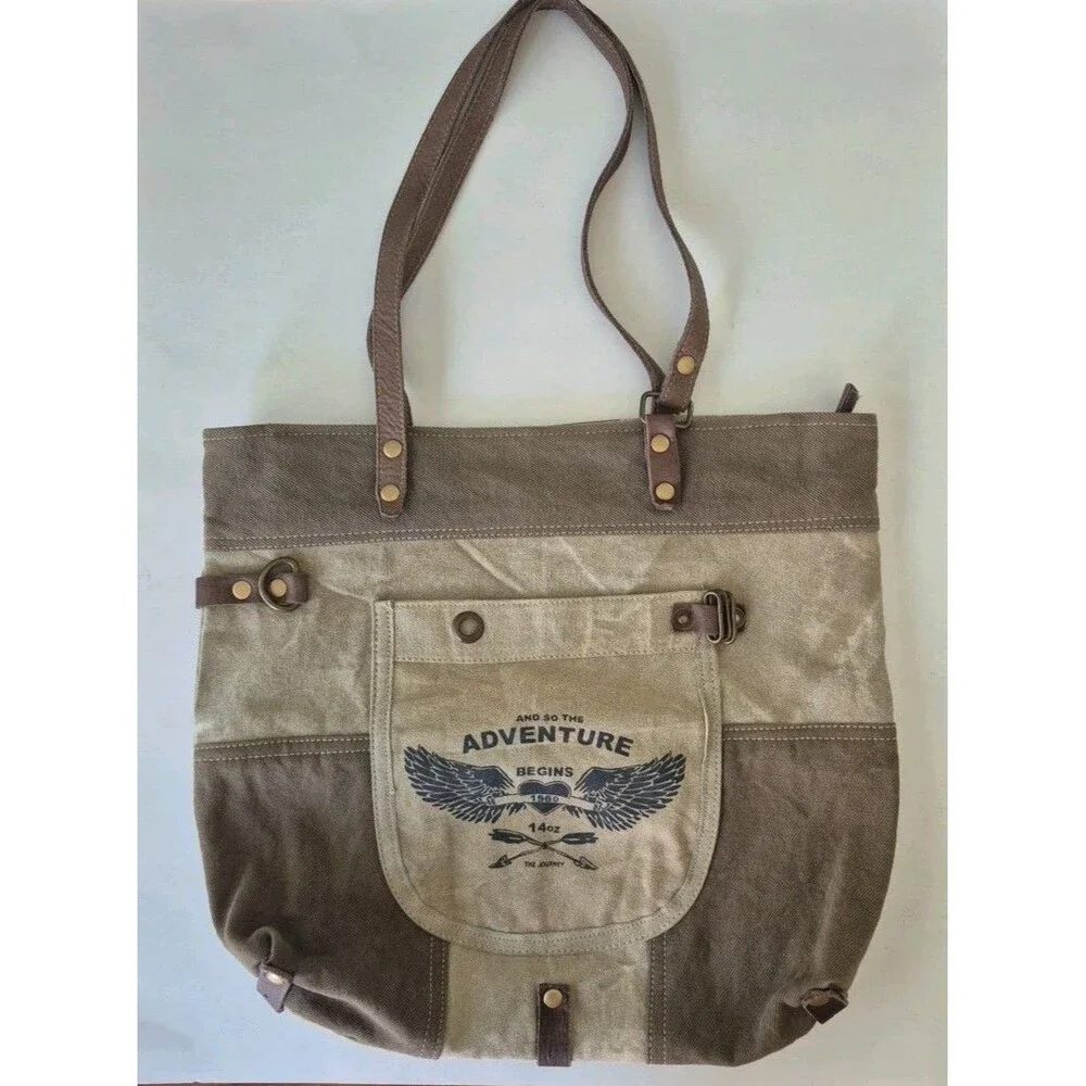 Myra Bag So The Adventure Begins 1960 The Journey Upcycled Denim and Canvas Tote